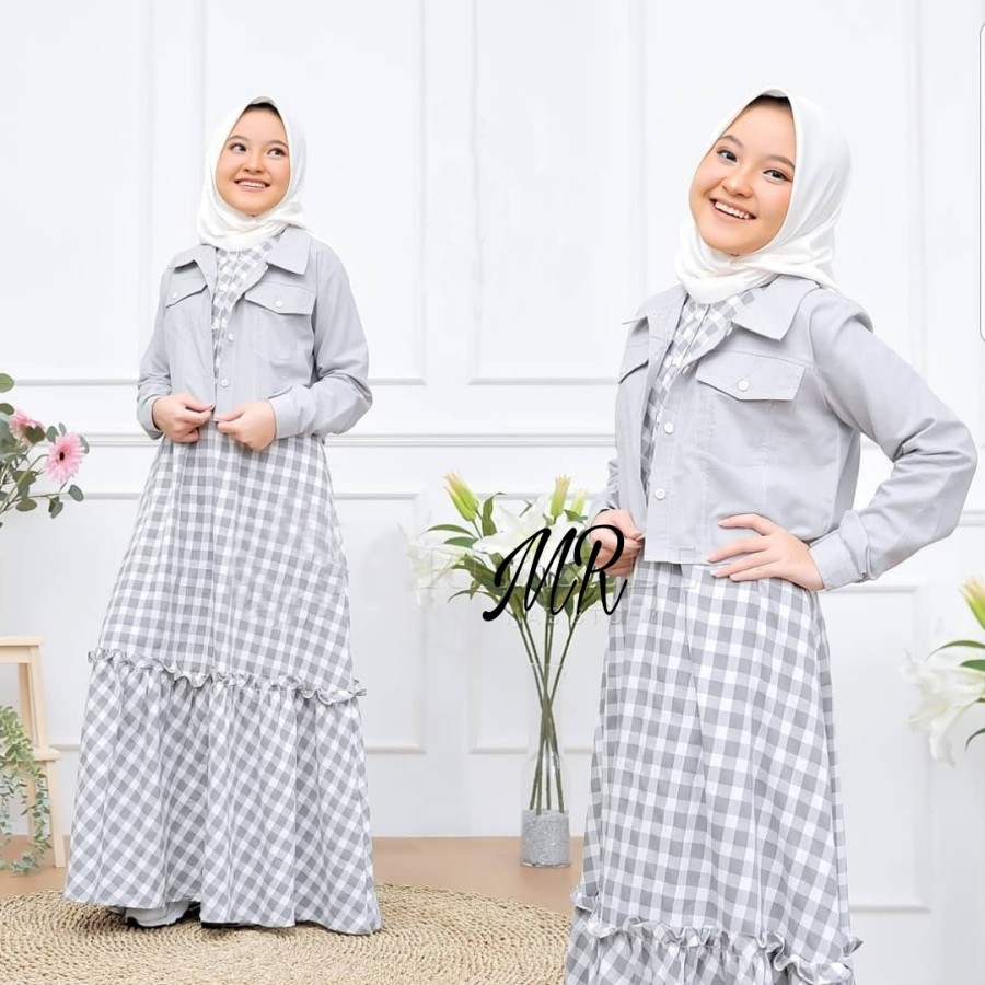 V672 Dress Set Outer Anak Remaja Perempuan Muslim Motif Kotak Kece Cantik Modis Trendy Kekinian Baha