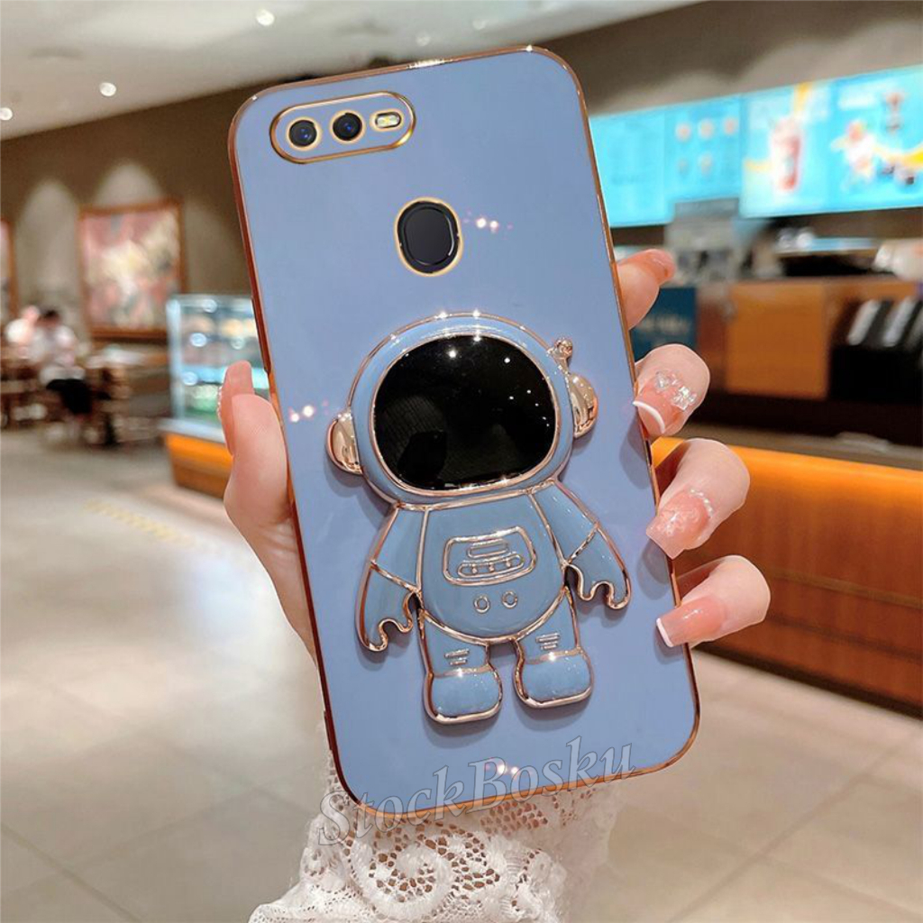 Soft Case Oppo A5s A7 F9 A12 A5 A9 2020 Casing Silikon Dudukan Lipat Astronot Plating Mewah