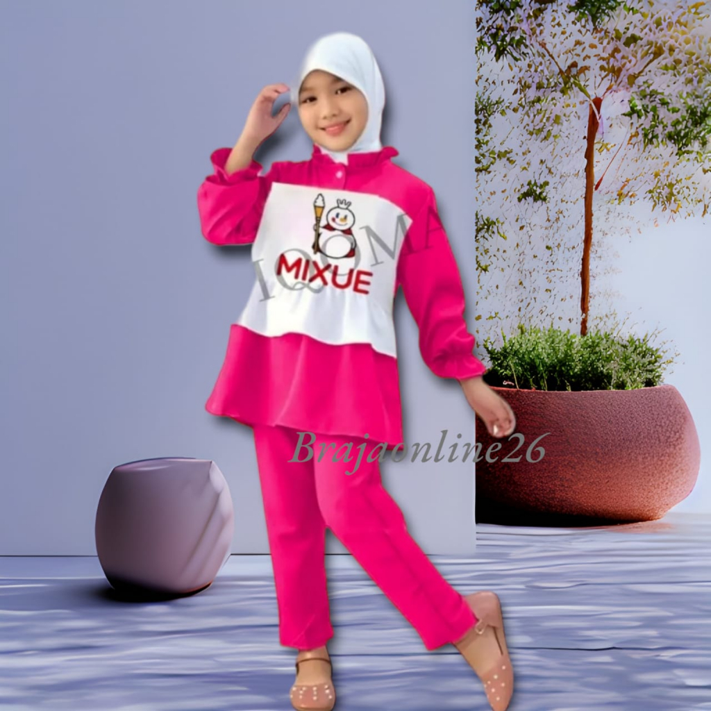 Baju Stelan Mixue Cringkle Anak Perempuan 3-12 Tahun Pakaian Anak Perempuan