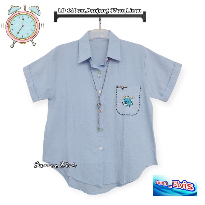 Kemeja Lengan Pendek Wanita Linen Biru Motif Jm111