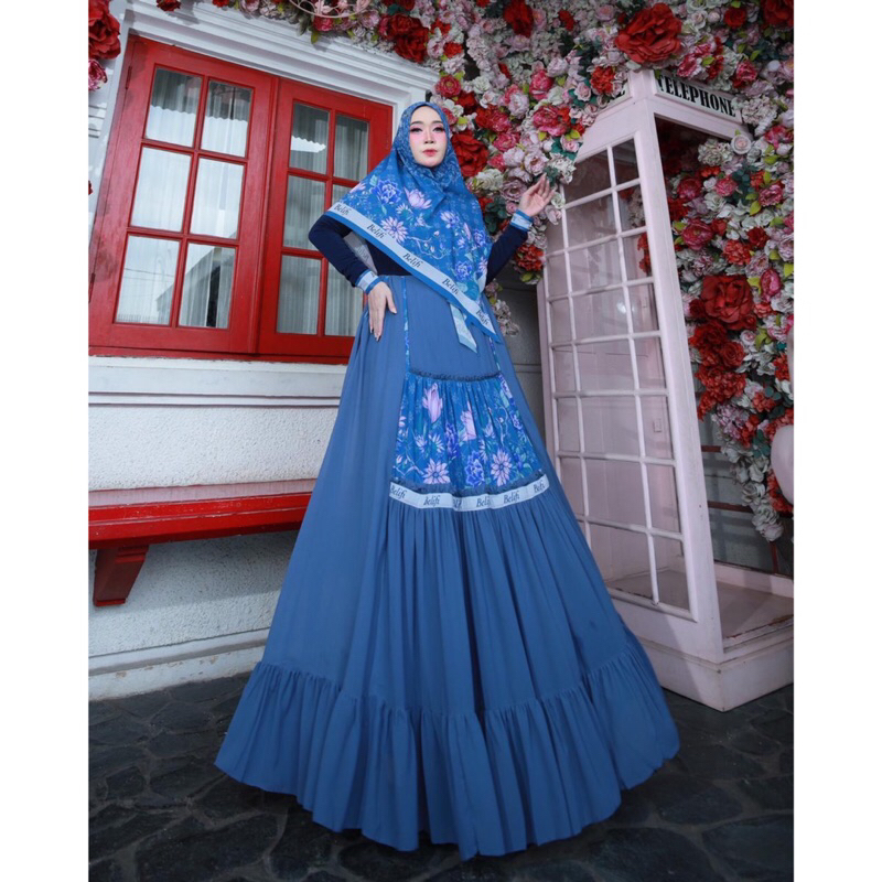 gamis syari set hijab scarf motif printing digital premium ceruty babydoll halus lembut jatuh cantik