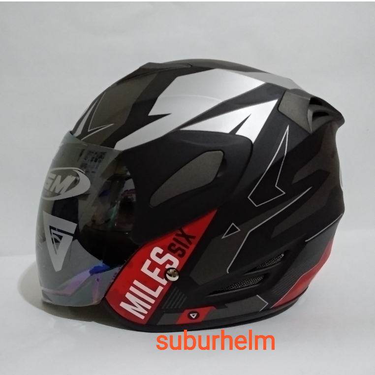 HELM  GM  FIGHTER  SIX MILLES   BLACK / RED   DOFF  DAN   GLOSSY  HALF FACE  SINGLE VISOR   ORI