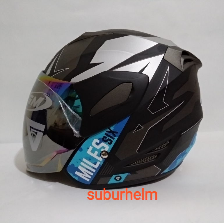 HELM  GM  FIGHTER  SIX  MILLES  BLACK / BLUE  DOFF   HALF FACE  SINGLE VISOR  ORI