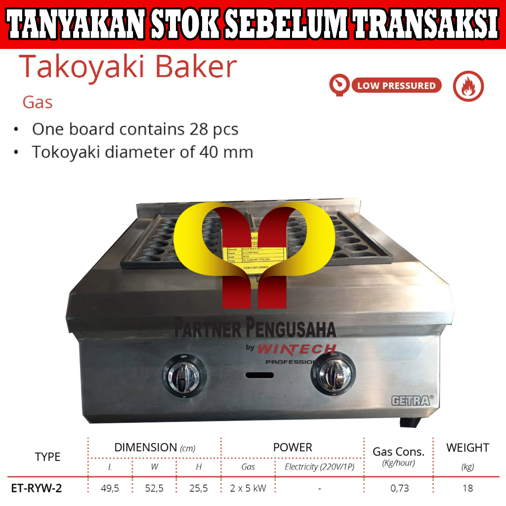 GETRA ET-RYW-2 Mesin Pembuat Takoyaki Gas / Gas Takoyaki Baker
