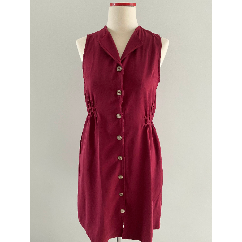 DRESS LIVINA MERAH MAROON RED DRESS CODE THIS IS APRIL ORIGINAL MARUN MAARON KUTUNG KARET PINGGANG