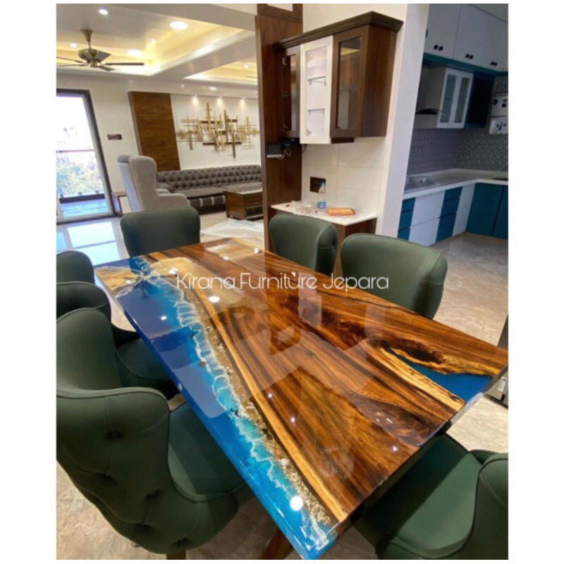 MEJA TREMBESI RESIN MOTIF OMBAK LAUT / MEJA MAKAN RESIN 200x90x75 CM