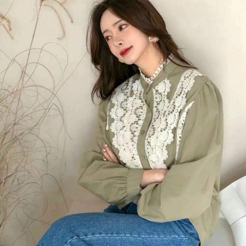 5298 Atasan baju blus blouse kemeja lengan panjang kancing renda  polos cantik manis mewah simpel el