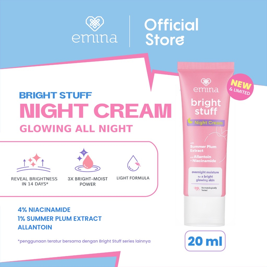 EMINA Bright Stuff Night Cream / Indonesia Pelembab Wajah Malam 20ml / With Summer Plum Extract And 