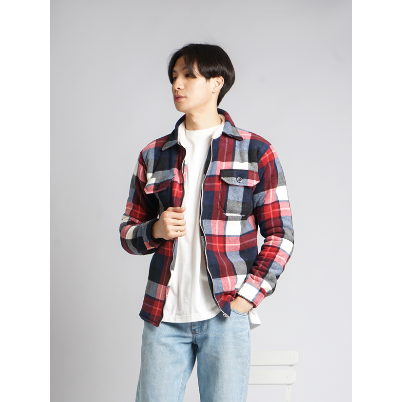 Plaid Sherpa Jacket Red - Jaket Trucker Pria