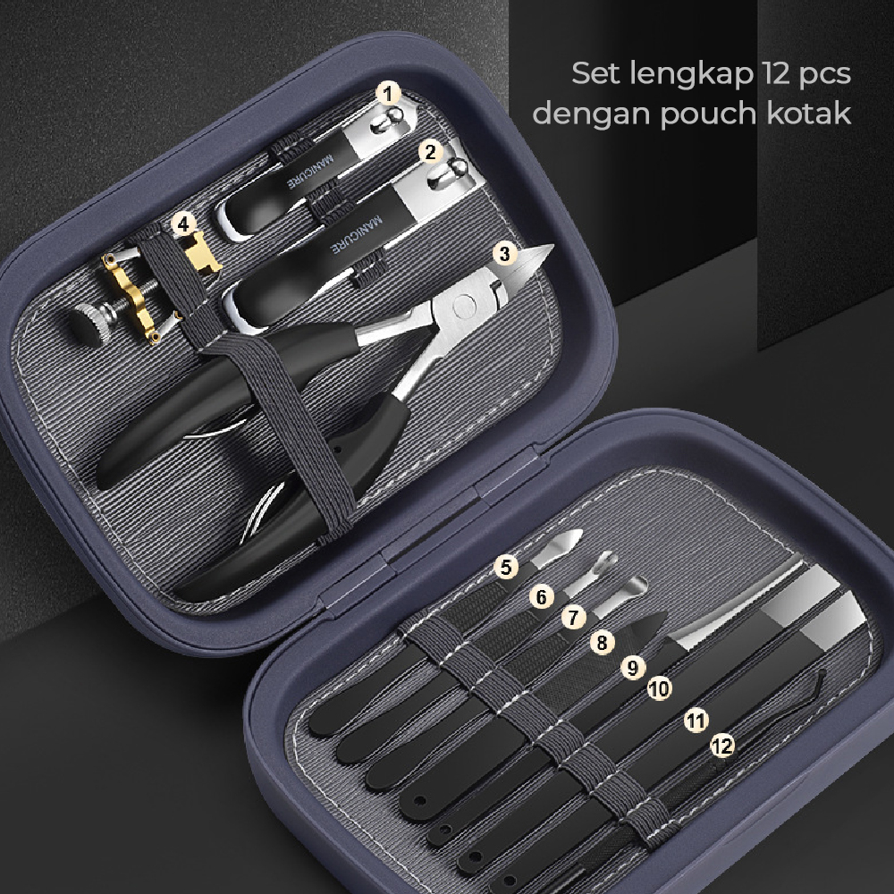 Set Box Manicure &amp; Pedicure Premium 12 pcs Dengan Alat Pengangkat Kuku Melengkung | Bahan Carbon Steel