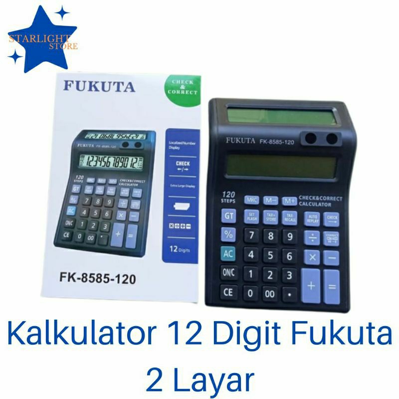 

Kalkulator 12 Digit 2 Layar Depan Belakang Dagang Fukuta FK-8585-120