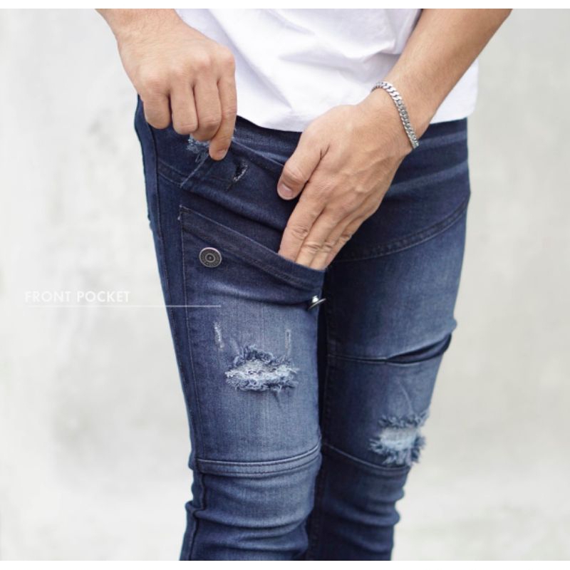 Wisdom Celana Panjang  Denim Ripped Panjang Middle Pocket Slimfit Stretch