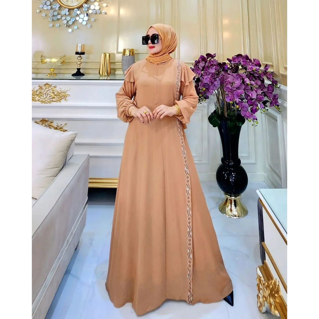 Gamis davira dress bahan ceruty baby doll premium full furing / busui / resleting depan original