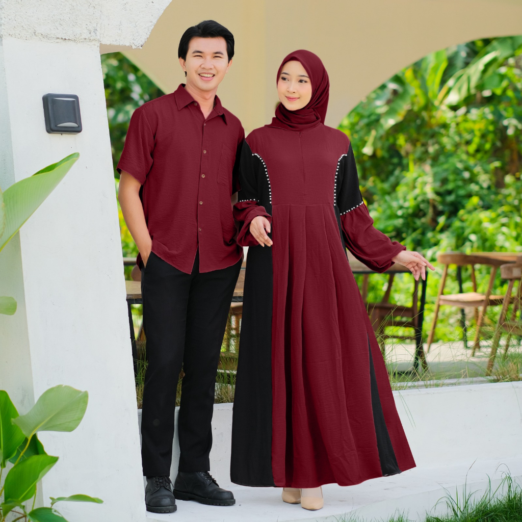 Demore Jelita Couple Gamis dan Koko Pendek Crinkle Airflow Polos Cp Pasangan Muslim Kondangan Mewah