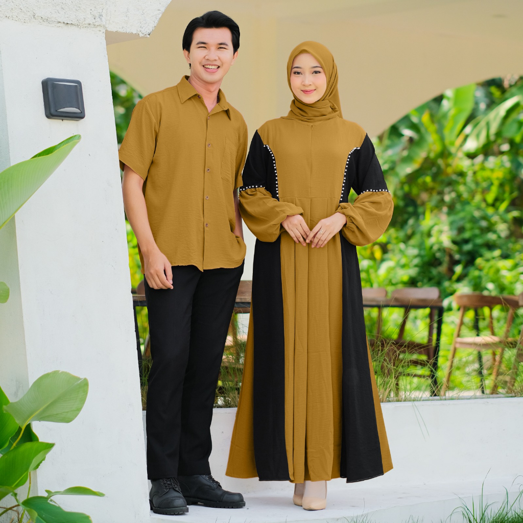 Demore Jelita Couple Gamis dan Koko Pendek Crinkle Airflow Polos Cp Pasangan Muslim Kondangan Mewah