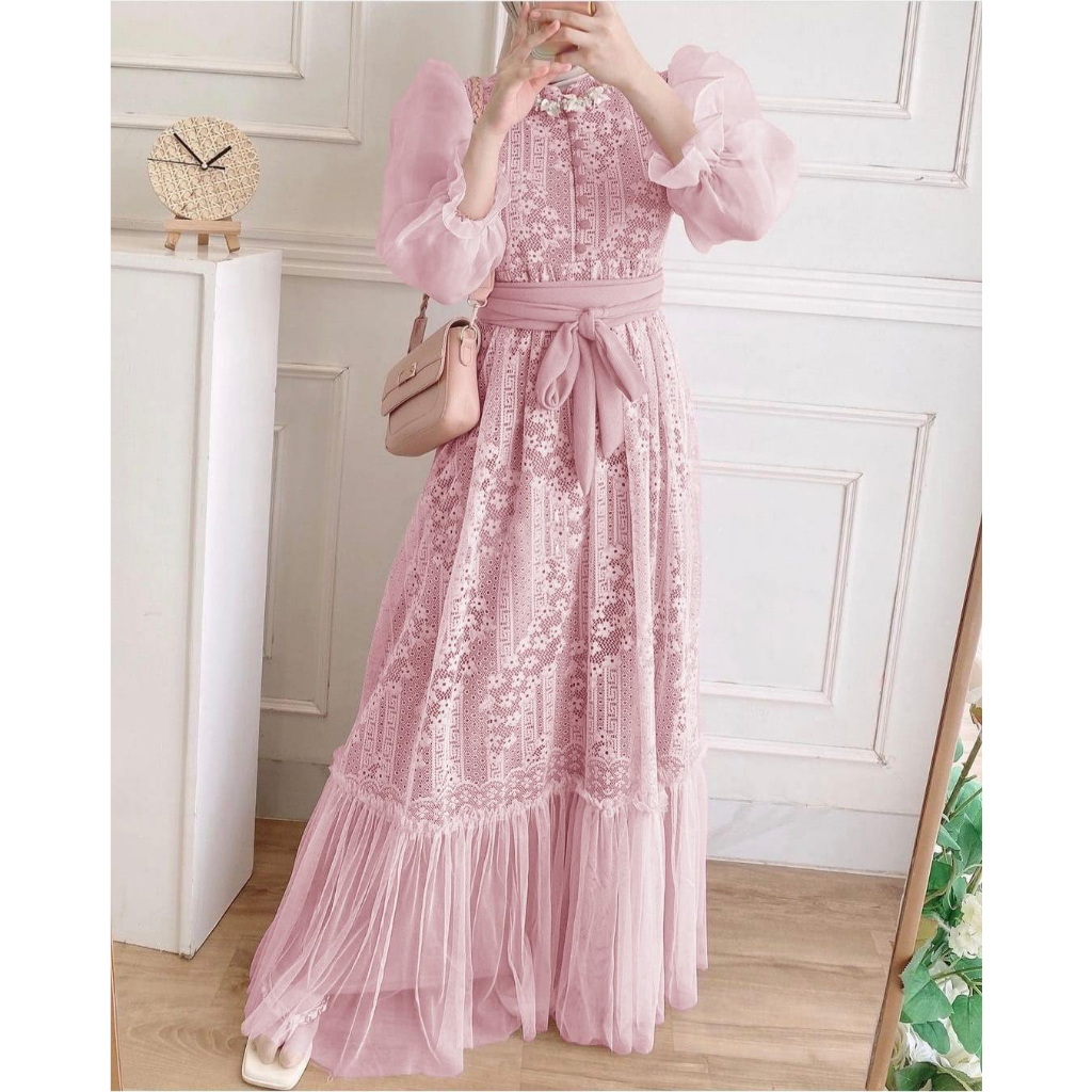 ALMIRAH 12 - Maxy Dress Inara Maxi Bahan Brukat Cotton Premium Lapis Furing Full Depan Belakang Bawah Kombi Tile, Bagian Lengan Lapis Organza Kancing Depan Variasi Busui Sleting Depan + Free Belt Bahan Kaos Furing