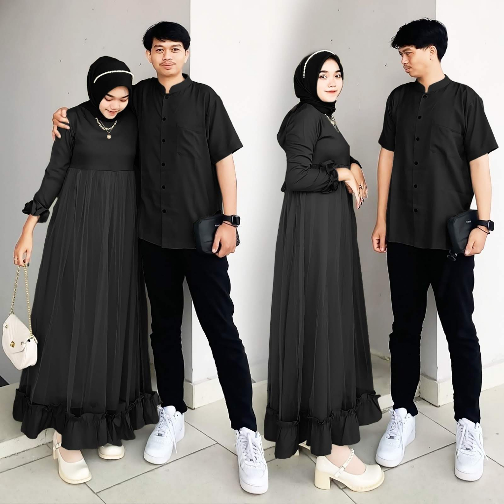 ELDE 12 - Couple Marhaban Bahan Shakila Full Lapis Tile Maxi Sleting Belakang Ada Tali Ikat Nempel Kiri Kanan + Kemeja Ada Saku