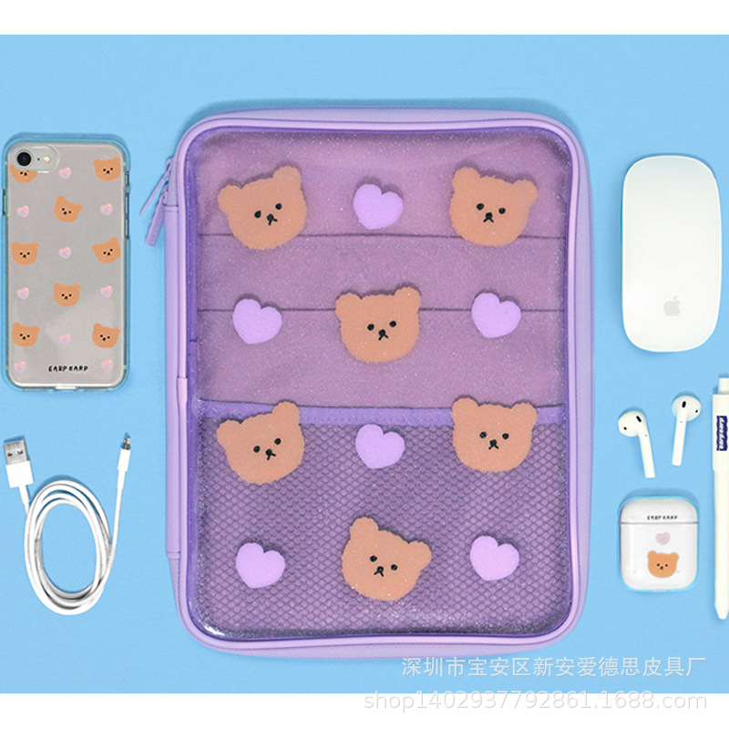 Sleeve Pouch iPad 5 6 7 8 9 AIR 1 2 Mini Slot Organizer Tas Tab Apple Sarung Tablet Huawei MatePad T10 T8 10.1 10.4 11 12 13 inch Kantong Case Cover Bag Casing Pelindung Kids Anak Cewek Motif Kartun Beruang Warna Pink Ungu Waterproof