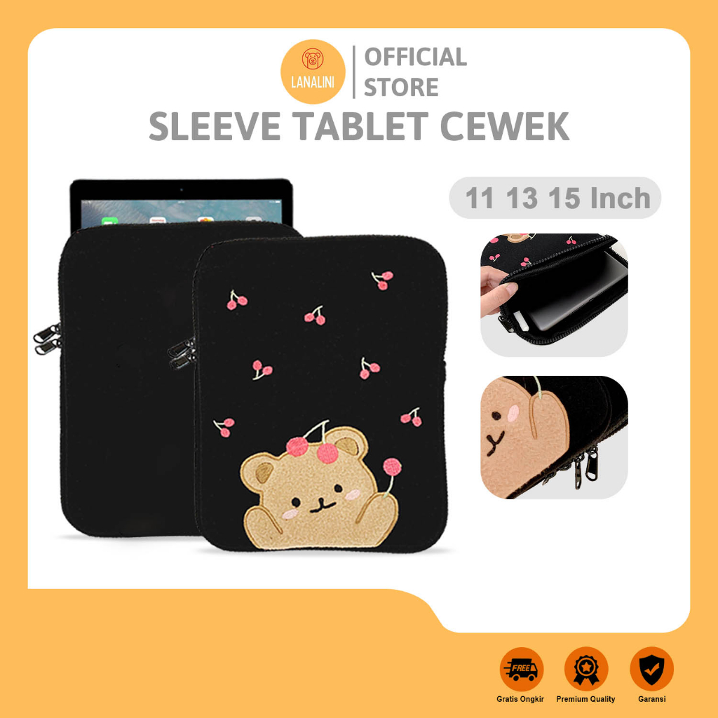 Tas Samsung Galaxy Tab A 10 S S2 S3 S4 S5e S6 S7 Sleeve Pouch Soft Case Bag Cover Tablet iPad Laptop Universal Notebook Chromebook 9 10 11 12.9 13.3 14 15 Inch Warna Hitam Black Motif Gambar Kartun Beruang Lucu Cewek Wanita Korea Cute Puffy