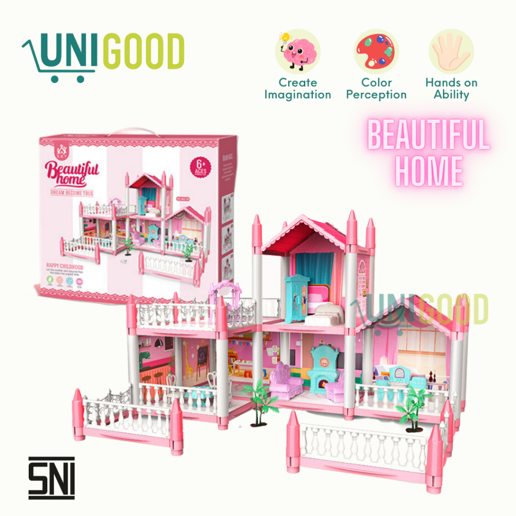 UNIGOOD - Mainan DIY 3D Villa Doll House Castle Rumah Boneka Anak Cewek