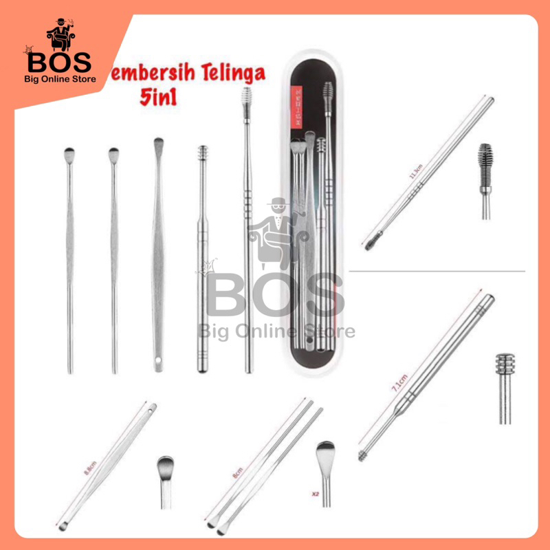 BOS - Korek Kuping Set 5in1 | Paket Alat Pembersih Kuping Stainless Steel 5 in 1