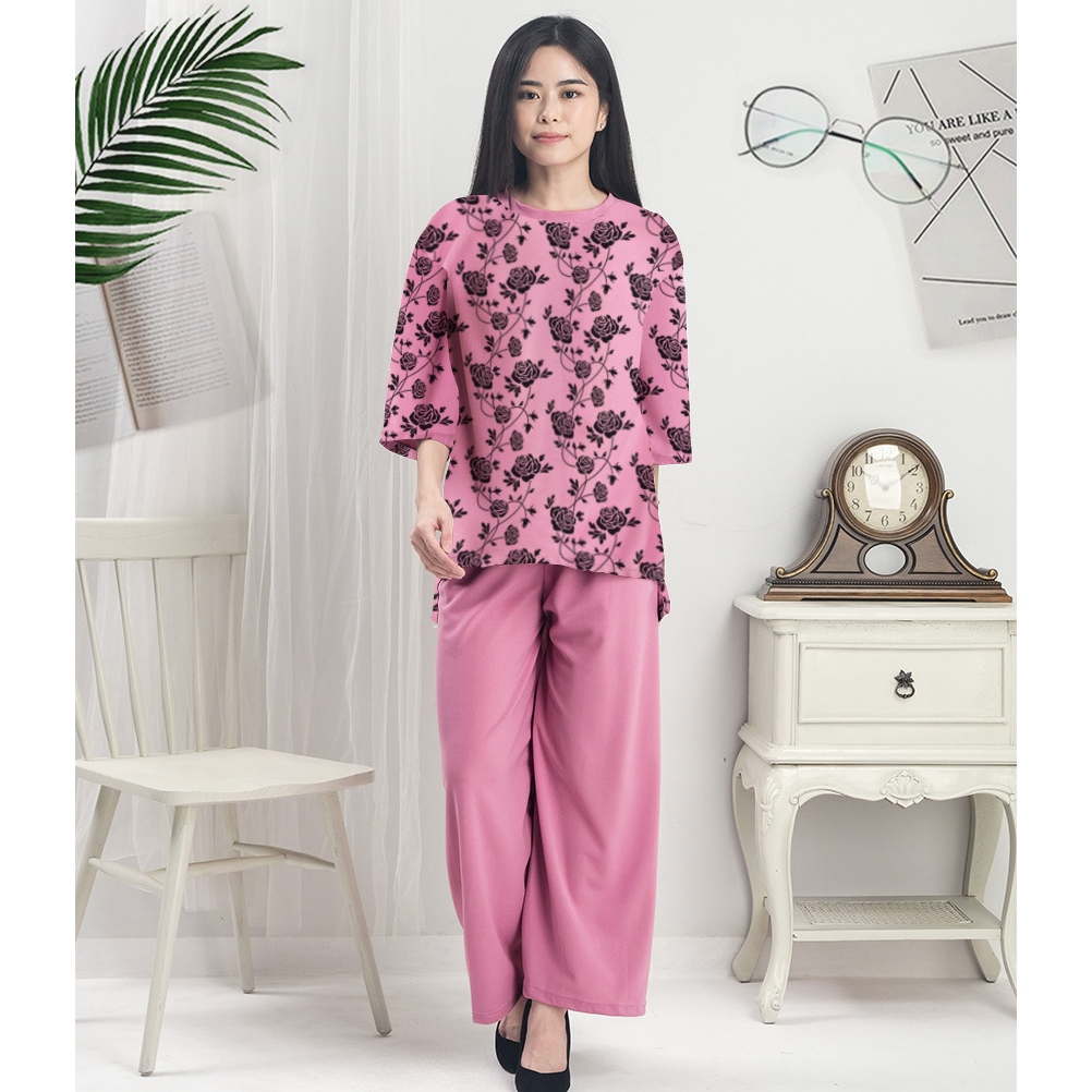 RILLO - Baju Setelan Celana Wanita Motif Rose Flower