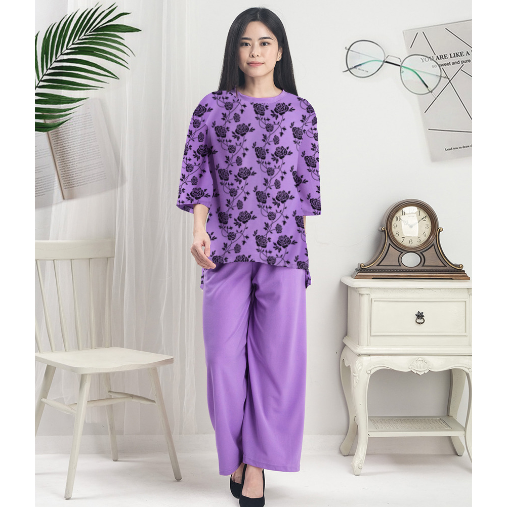 RILLO - Baju Setelan Celana Wanita Motif Rose Flower