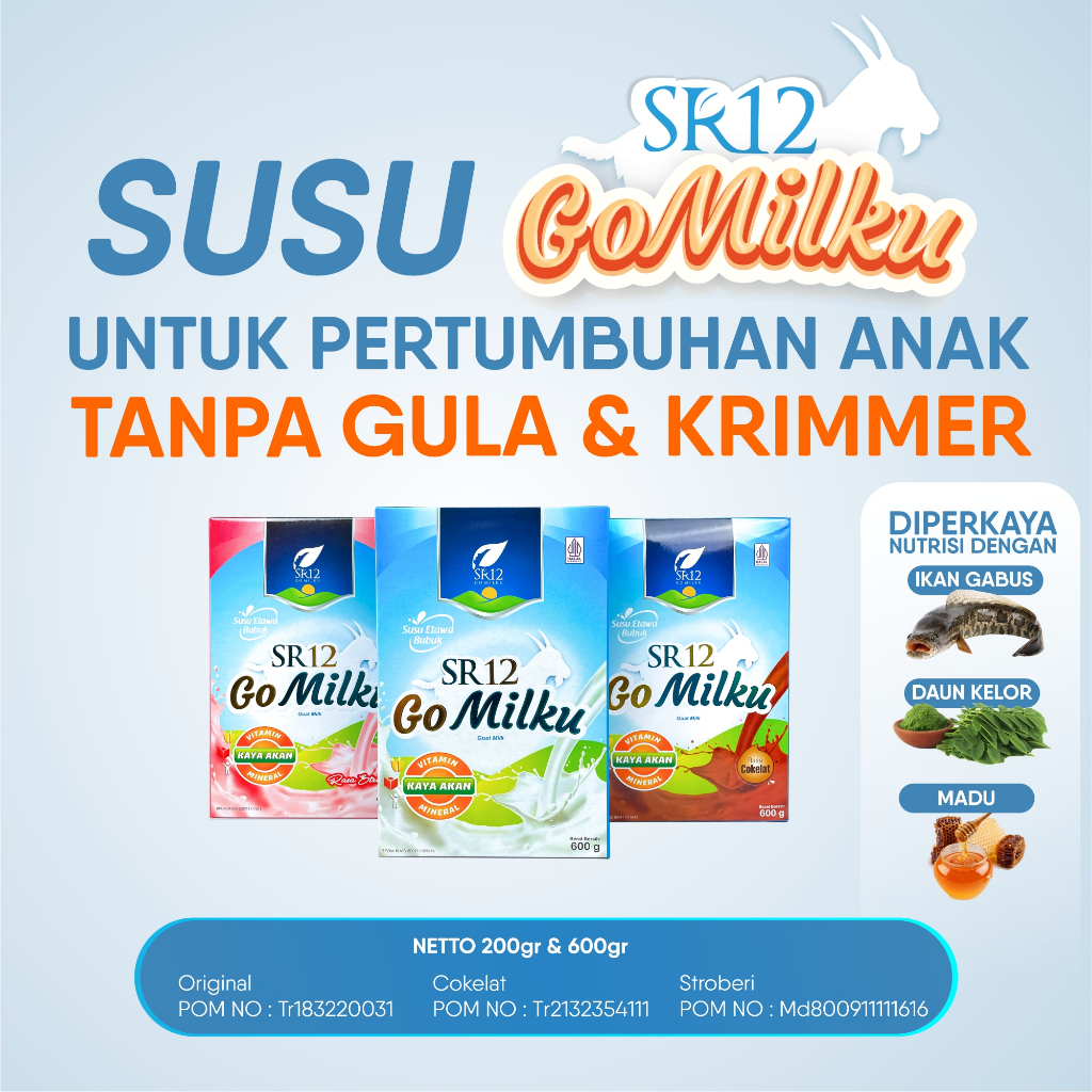 

Susu Gomilku SR12 - FRESH NEW! Expired Lama - Susu Etawa anak dan dewasa - Coklat Original Strawberry