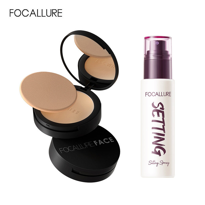 Focallure 2 Pcs Face Makeup Set Matte Oil Controller Bedak Padat Pressed powder Hydrating Setting Spray Matte Finish Long Lasting