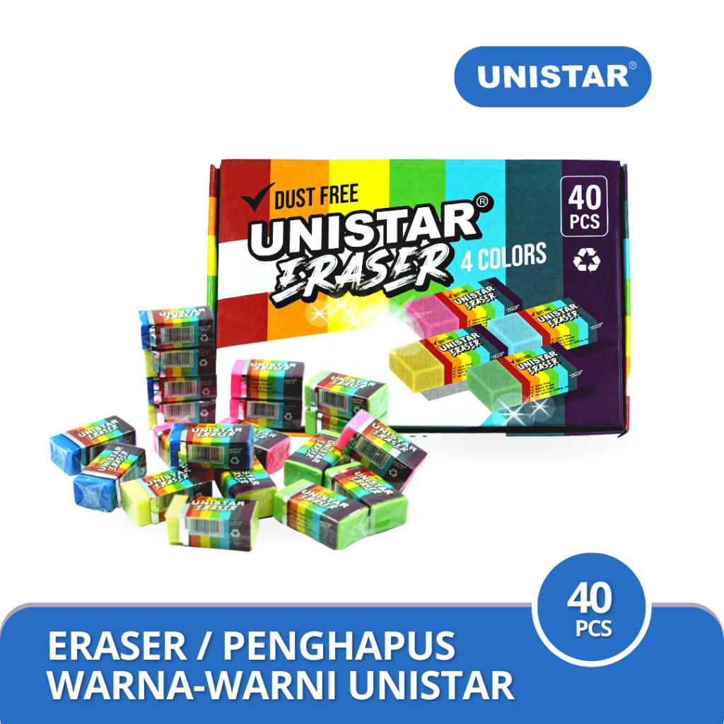 

UNISTAR Penghapus Pensil Warna-warni Isi 40 Pcs / Eraser / Stip Colours Per Box