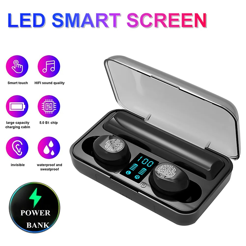 Headset Bluetooth TWS F9 LED Smart Display With Powerbank 3000mAh Handsfree Wireless Airbuds 2in1 Earphone Dengan Mic Dan Powerbank