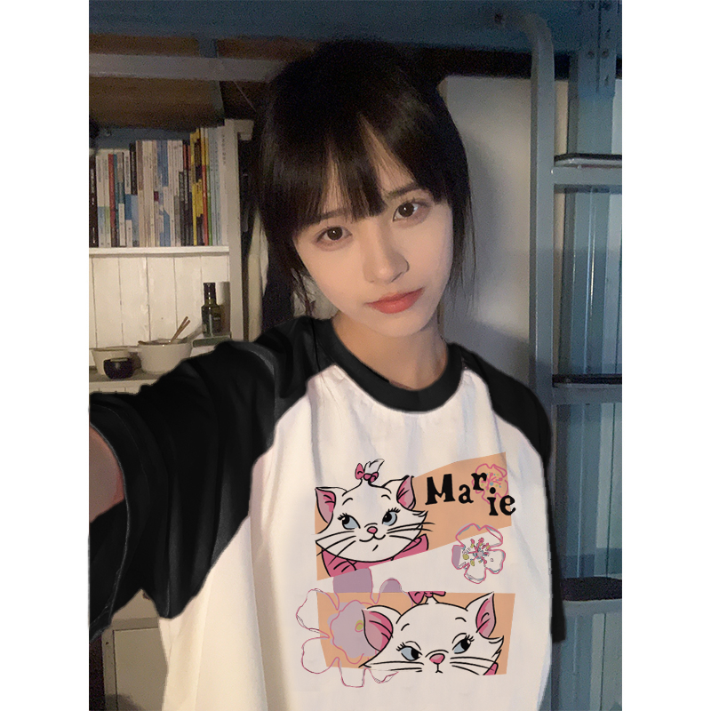 EUNII T-shirt Lengan Pendek Cartoon Marie Cat Korean Style/Kaos Atasan Wanita/Baju Kaus Oversize Wanita/Kaos Wanita