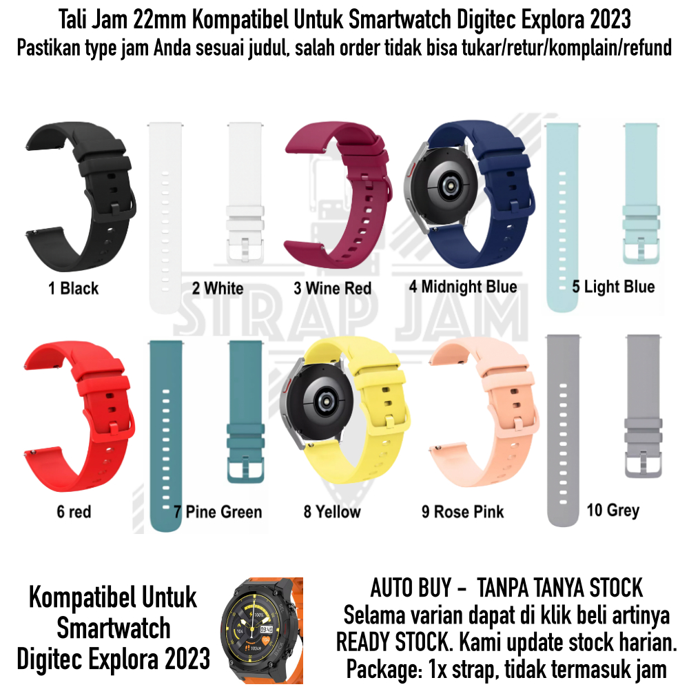 PWK 22mm Tali Jam Tangan Smartwatch Digitec Explora - Strap Silikon Rubber Nyaman