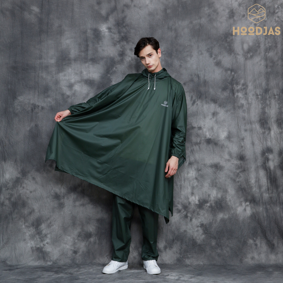 HOODJAS RAINCOAT JAS HUJAN PONCO MODEL LENGAN KELELAWAR HIJAU ARMY BAHAN PVC WATERPROOF