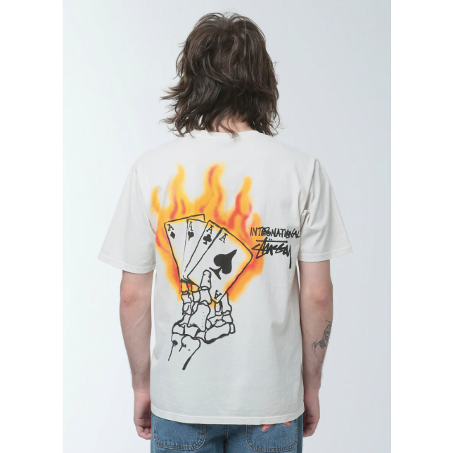 STUSSY Fire Card Skeleton Read Em' N' Weep Pig Dyed White Tshirt - ORI