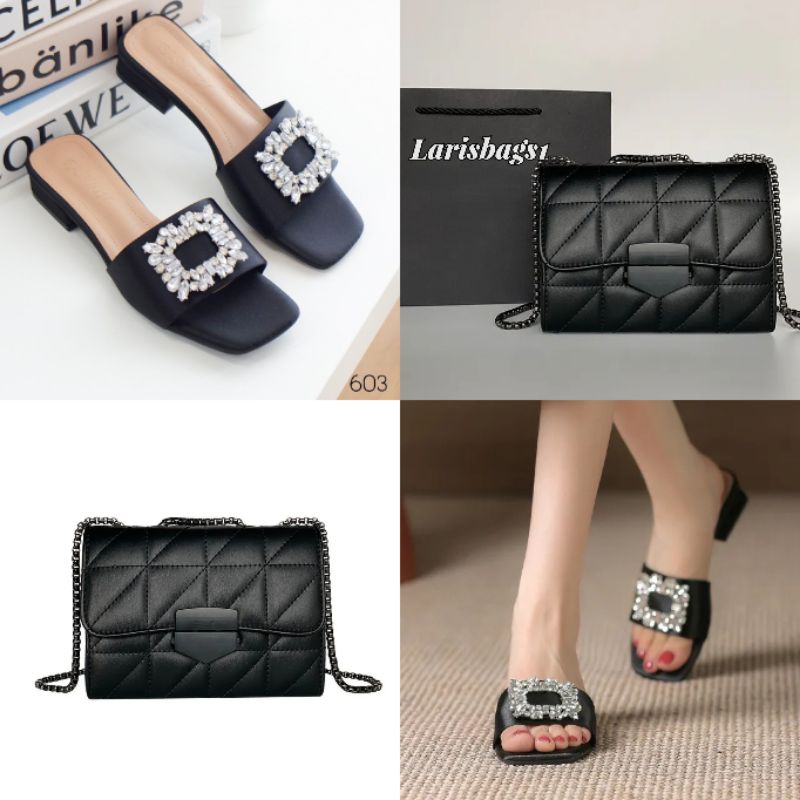 Paket sandal heels hak tahu 3cm wanita dan tas selempang