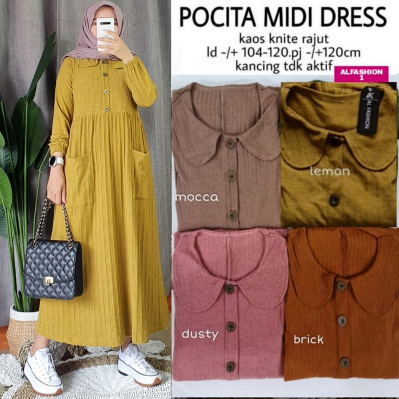 (RESTOCK) POCITA • NATIA MIDI DRESS PAKAIAN GAUN BY ALFASHION BAHAN KAOS KNITE RAJUT TANGAN BALON