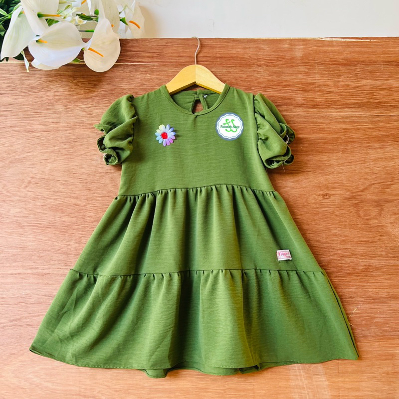 Dress Anak 3 4 5 Tahun Anak Cewek Perempuan Crinkle Tumpuk Bunga Dress lengan balon lucu kekinian lengan pendek terbaru ( Dress Abelia )