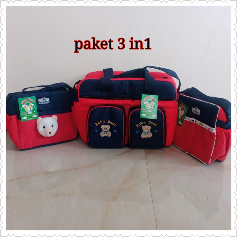 Paket 3in1 Tas bayi besar tas bayi beruang dan tas bayi saku polos