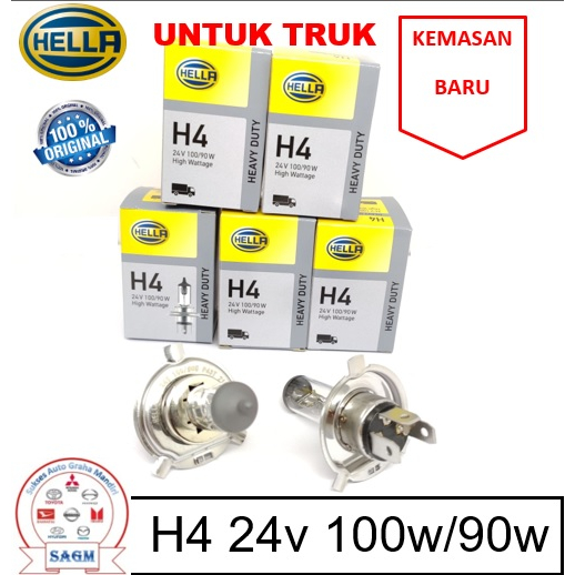 BOLA LAMPU BOHLAM HALOGEN H4 24V 100W/90W HELLA UNTUK TRUK
