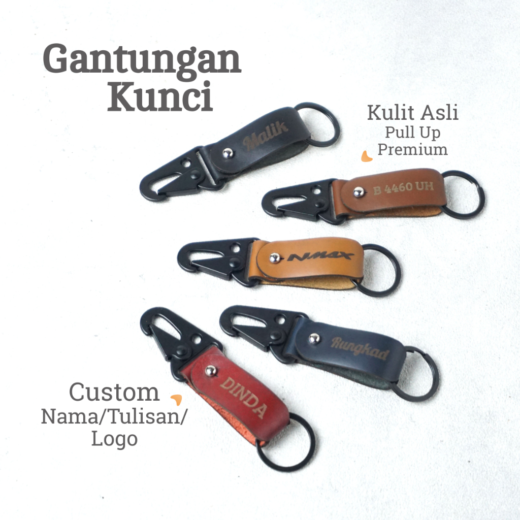 Gantungan Kunci Keychain Kulit Asli Carabiner Custom Request Nama Tulisan Luggage Name Tag Tas Motor
