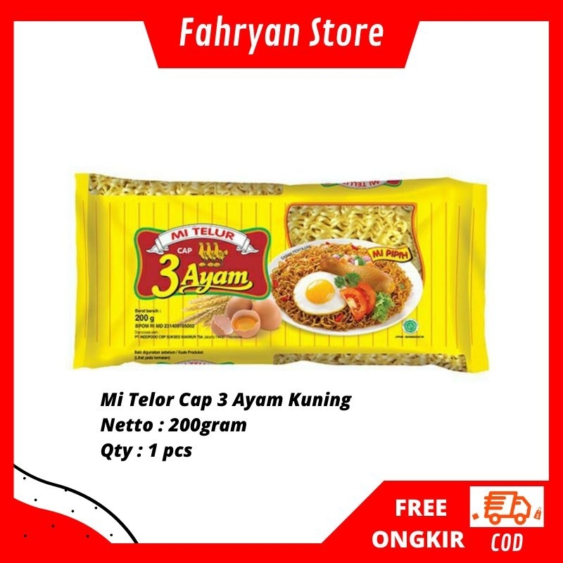 

Mi Telur Cap 3 Ayam Bungkus Kuning (Mi Keriting) Mie Pipih 200gram