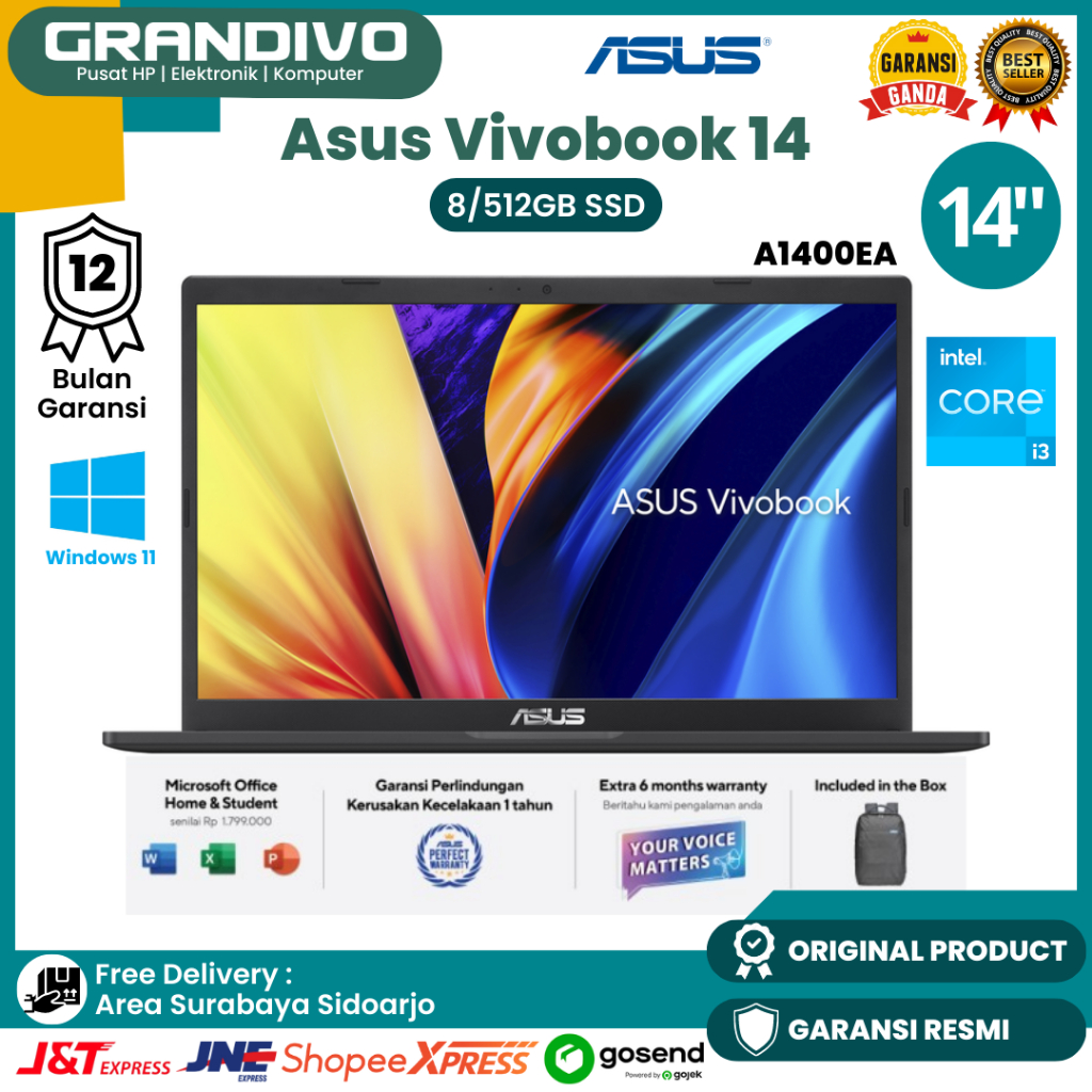 Laptop Asus Vivobook 14 8/512GB Intel Core i3 A1400EA VIPS351 Garansi Resmi Asus - Grandivo