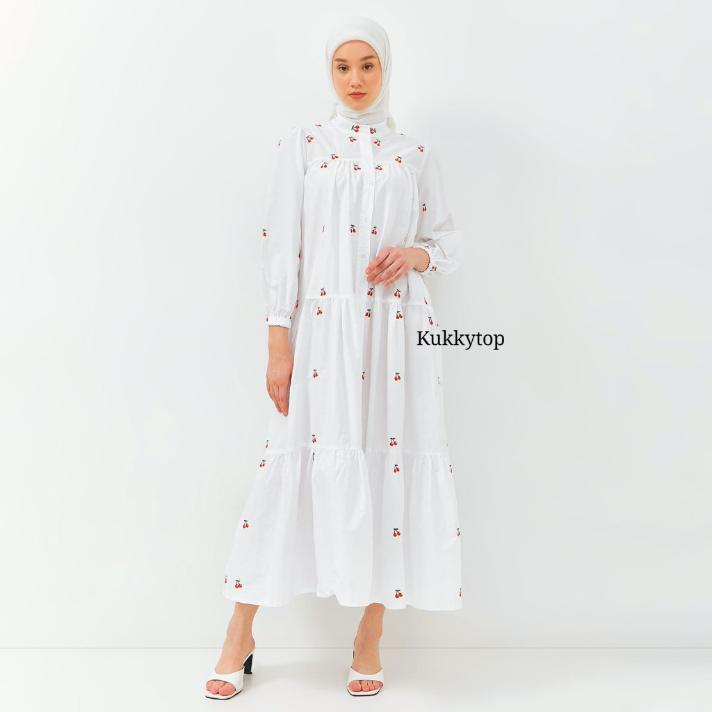 Kukky Top Yoona Gamis Katun Premium Panjang 135cm Dress Wanita Bordir Cherry Fashion Import Muslim K