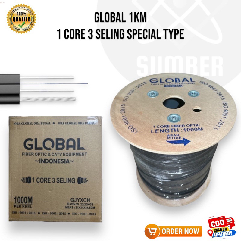 GLOBAL KABEL FO 1 CORE 3 SELING 1 KM | DROPCORE FIBER OPTIC FO 1 CORE 3 SELING 1000 METER