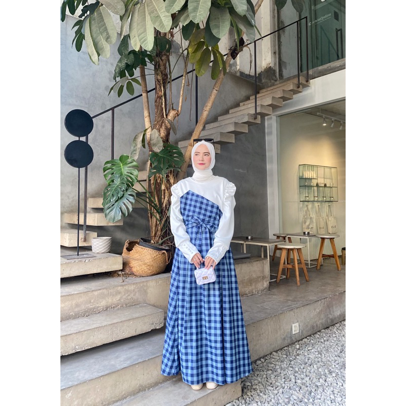 Gamis Katun Biru DELIVIA Wanita Busui Muslim Kerja Casual Hits Kekinian Scuba Bonnie Navy Cloth Mewa