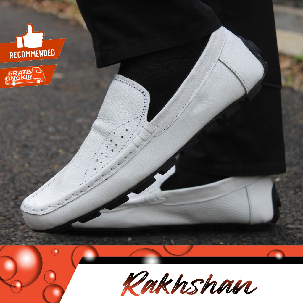 Sepatu Pansus Kasual Kulit Sapi Asli Slop Putih Kerja Pria Model Moccasin