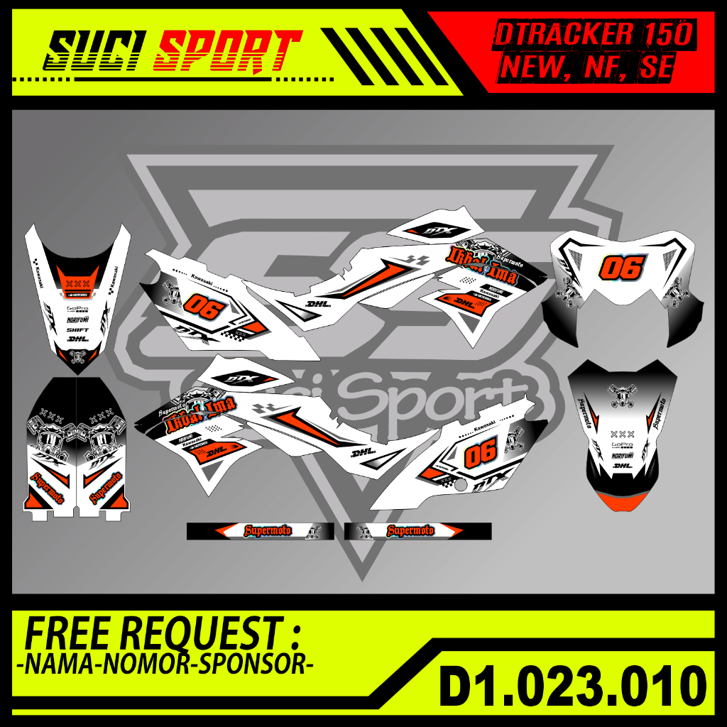DECAL DTRACKER 150 NEW, DESAIN SUPERMOTO, TRAIL ORANGE PUTIH, DESAIN BEBAS EDIT NAMA, NOMOR, (D1.023