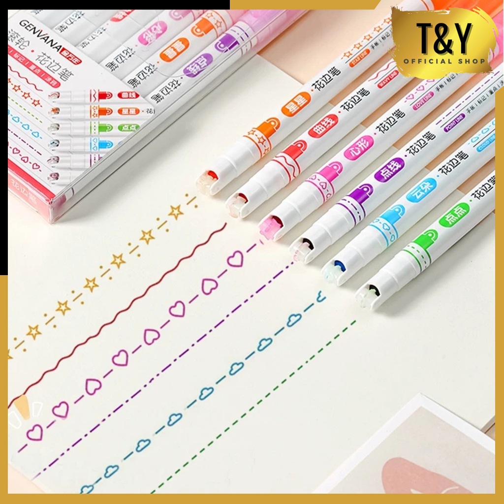

T&Y Spidol Garis Aesthetic Spidol Garis Warna Warni Motif Lucu 1 Set 6 Pcs pulpen roller pen Higlighter Random Spidol Garis Line Marker Alat Tulis Kantor