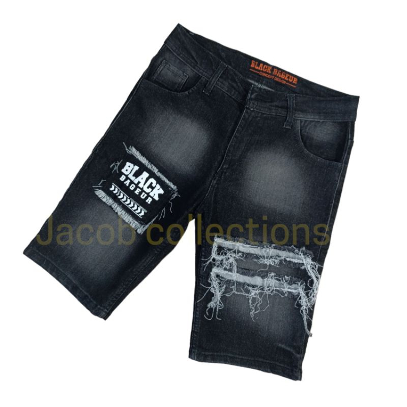 Celana Pendek Sobek Pria Destroy Bordir Emblem Stretch skinny BLACK BAGEUR